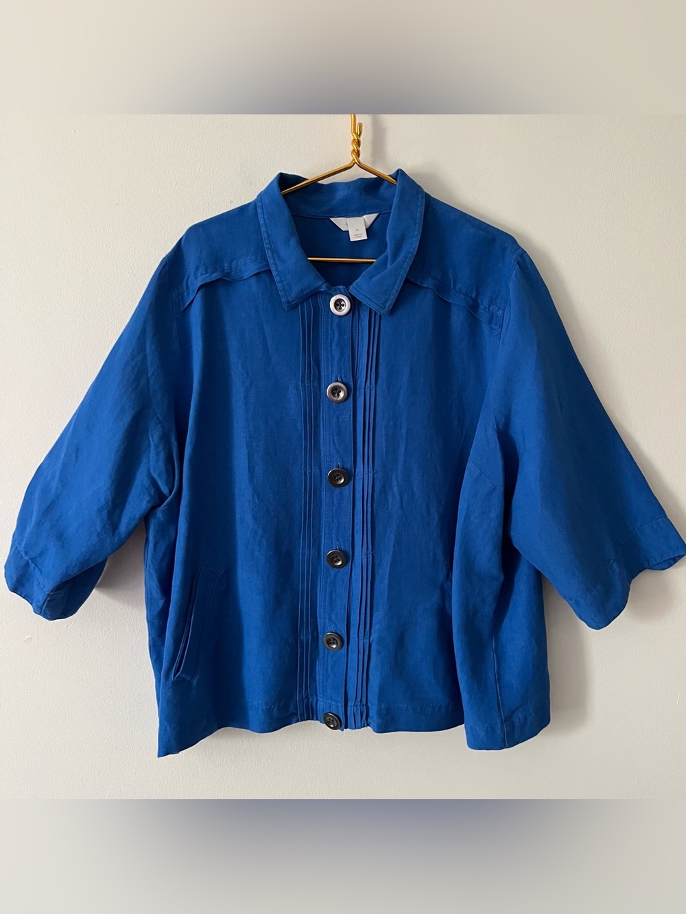 CJ Banks Cobalt Blue Linen Blend Pin Tuck  3/4 Sleeve Jacket Boxy Relaxed 3X